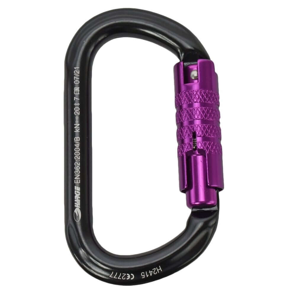 Harkie Oval 3 Way Locking Karabiner for Tree Surgeons, lightweight aluminium, triple locking mechanism for safety.