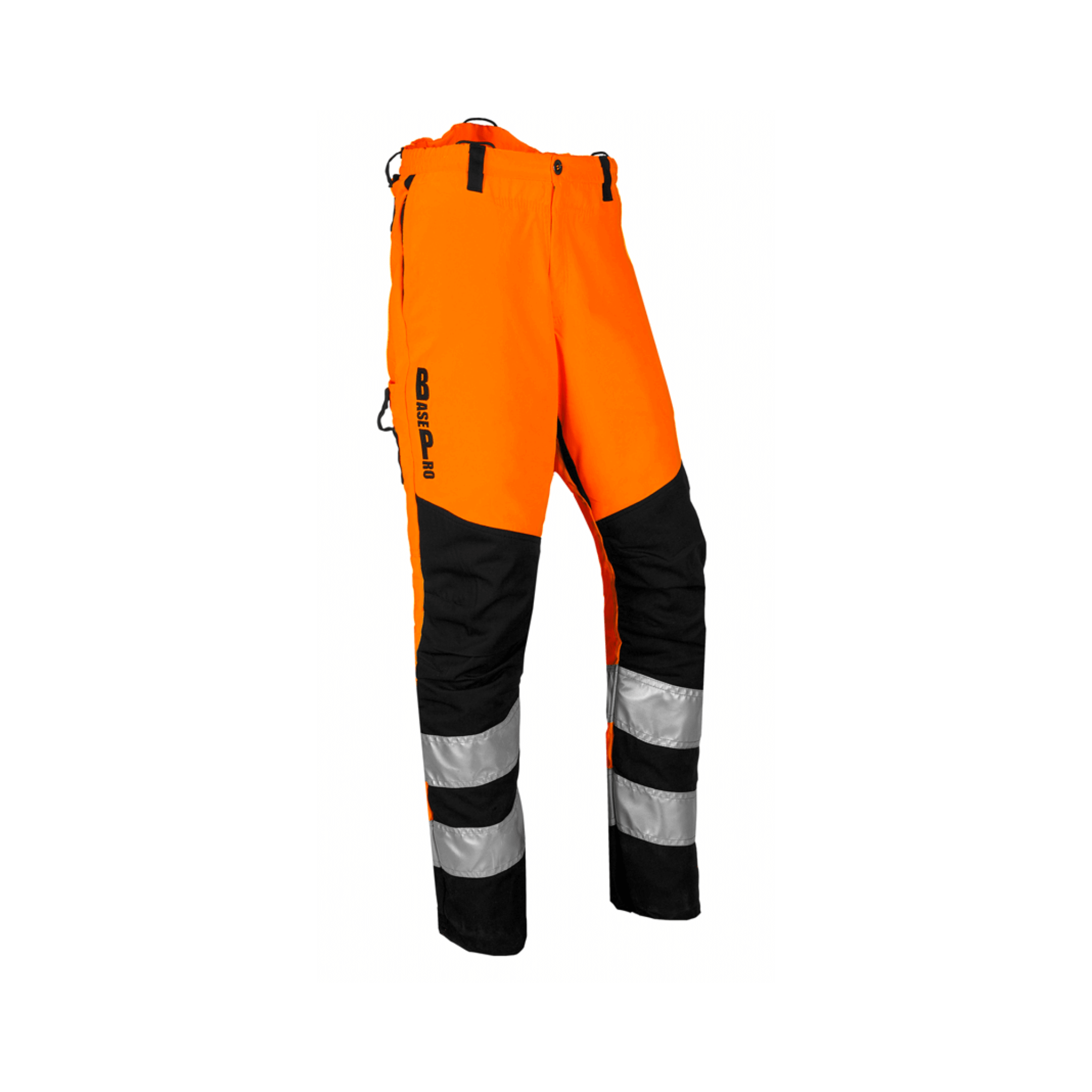 BasePro Hi Viz Orange Chainsaw Trousers Type A for tree surgeons, featuring reflective strips for high visibility.