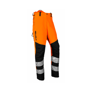 BasePro Hi Viz Orange Chainsaw Trousers Type A for tree surgeons, featuring reflective strips for high visibility.