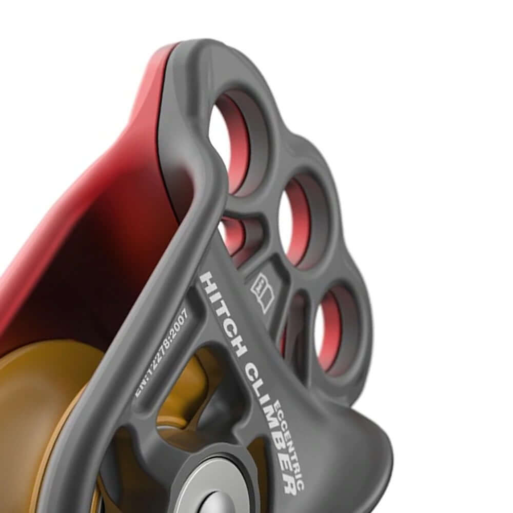 Detail of DMM Hitch Climber Eccentric Pulley, designed for safe tree climbing and versatile climbing positions.