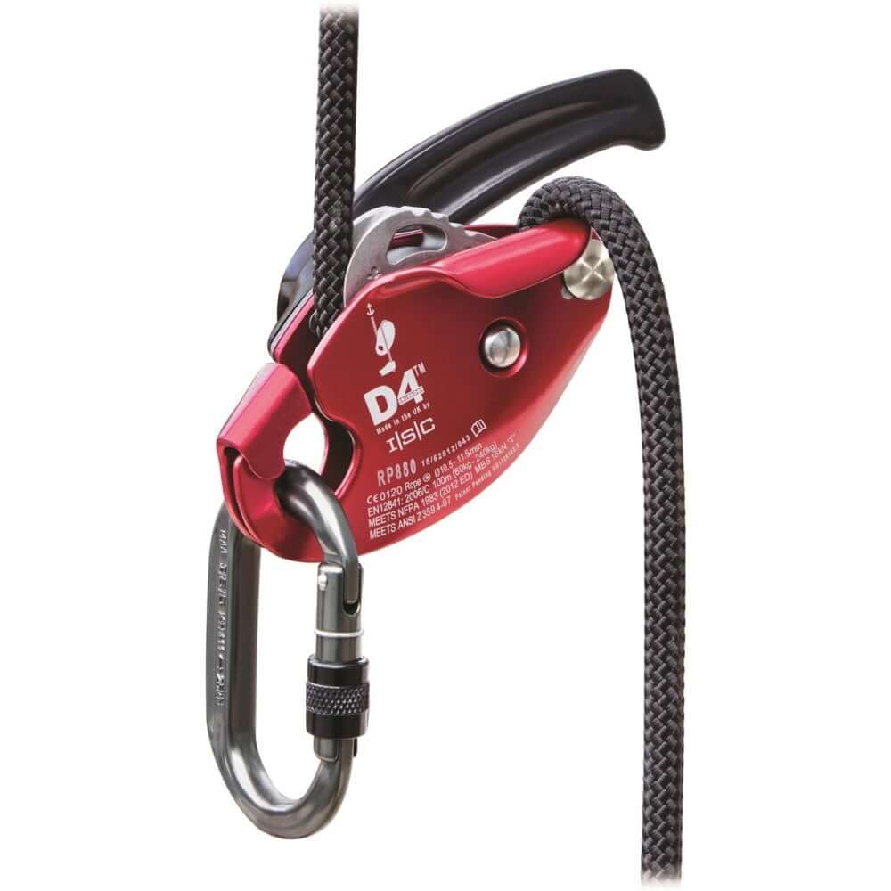 ISC D4 Work Rescue Descender with carabiner and rope, ideal for tree surgeons and rescue professionals.