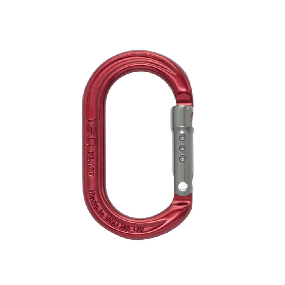 ISC KL100 karabiner in red, compact design for secure climbing and rigging safety, ideal for tree surgeons.