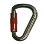 ISC Mini HMS SuperSafe Carabiner, silver with red locking mechanism, open gate facing left