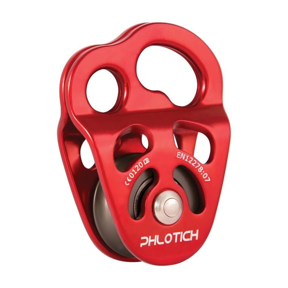 ISC Phlotich Pulley in red, ideal for SRT and DdRT climbing, designed for tree surgeons with versatile attachment points.