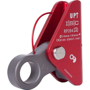 Silver ISC rope grab with fixed axle. Used for secure rope ascents. Metal construction, locking mechanism visible