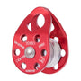 ISC small double swing cheek pulley, red aluminum with two rotating sheaves and a hinged side plate