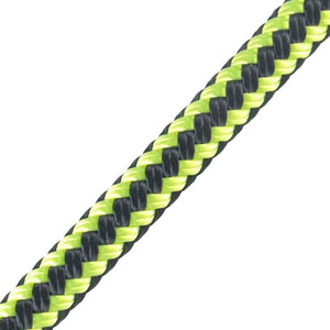 Close-up of the Marlow 9mm Boa climbing rope featuring a durable black and lime green braided design, ideal for tree surgeons.