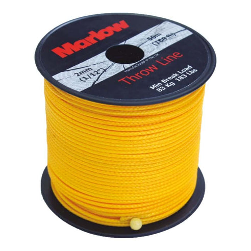 Marlow Dyneema 50m throwline spool in bright yellow, ideal for tree surgeons and outdoor use.