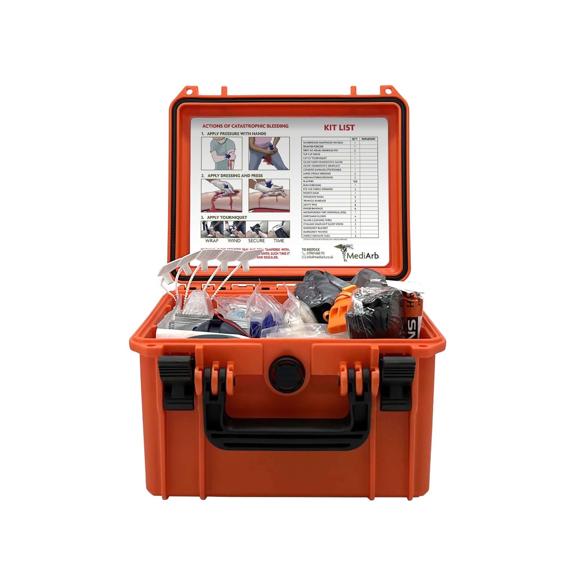 MediArb First Aid Trauma Kit for Tree Surgeons, ruggedized, waterproof box containing emergency medical supplies.
