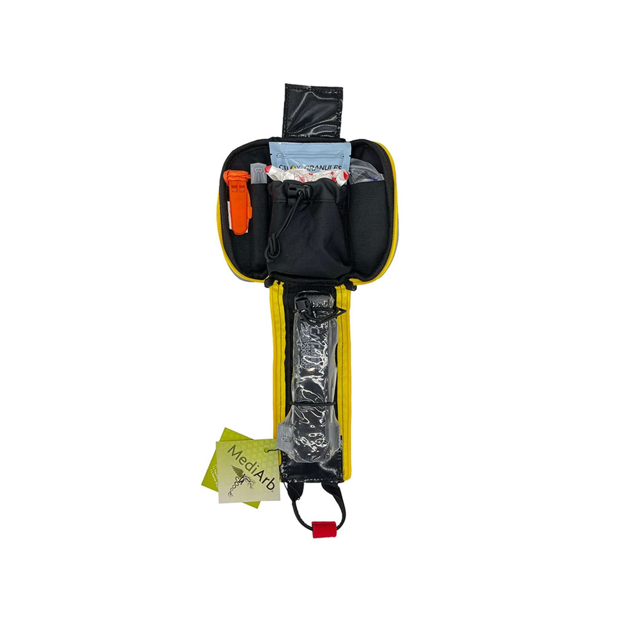 Open MediArb Personal Trauma Pouch showing first aid supplies for tree surgeons and emergency responders.