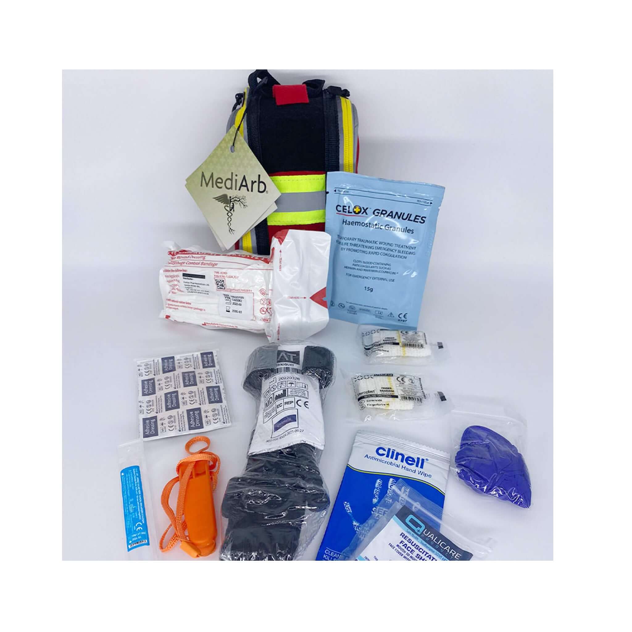 MediArb Personal Trauma Pouch with individual first aid supplies for tree surgeons including Celox, plasters, tourniquet.