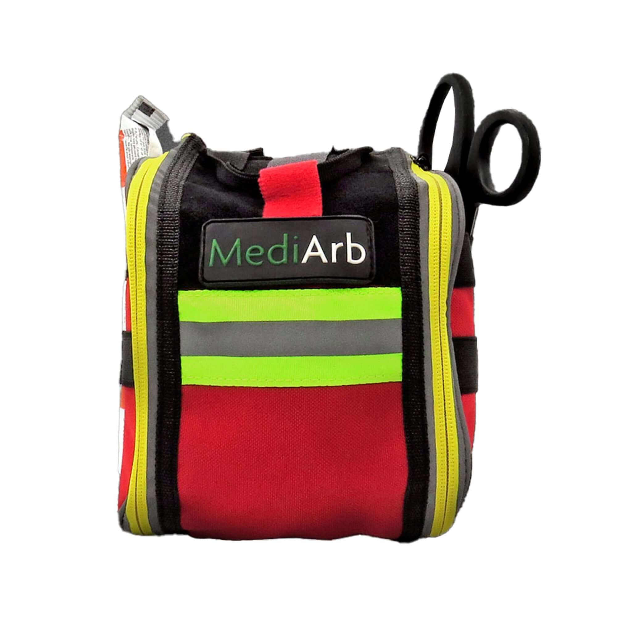 MediArb Rescue Trauma Pouch for tree surgeons, featuring military-grade medical equipment in a compact, organized design.