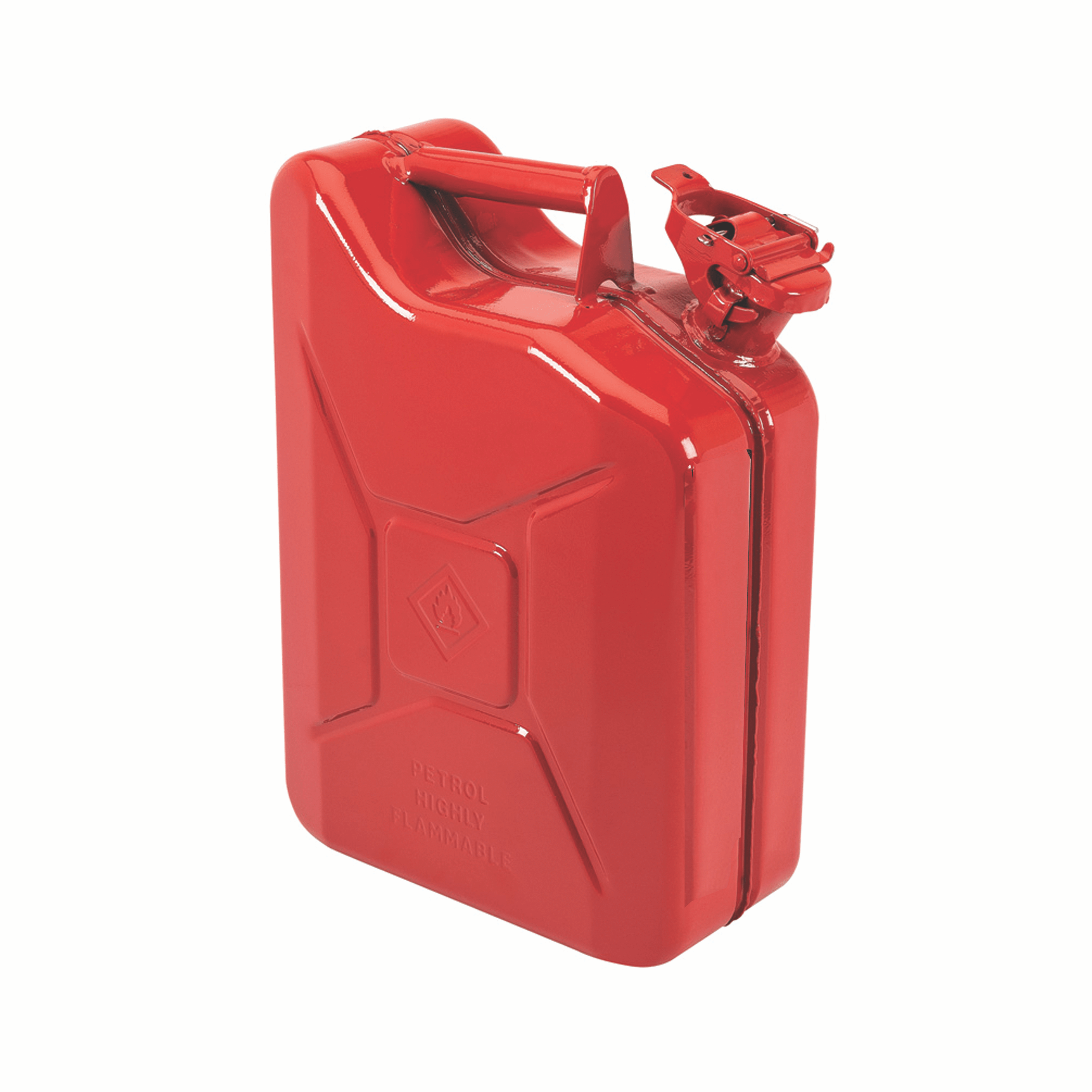 Red, 20-liter jerry can. Robust metal construction with a tight-sealing cap and sturdy handle for carrying. Designed for safe liquid storage and transport.