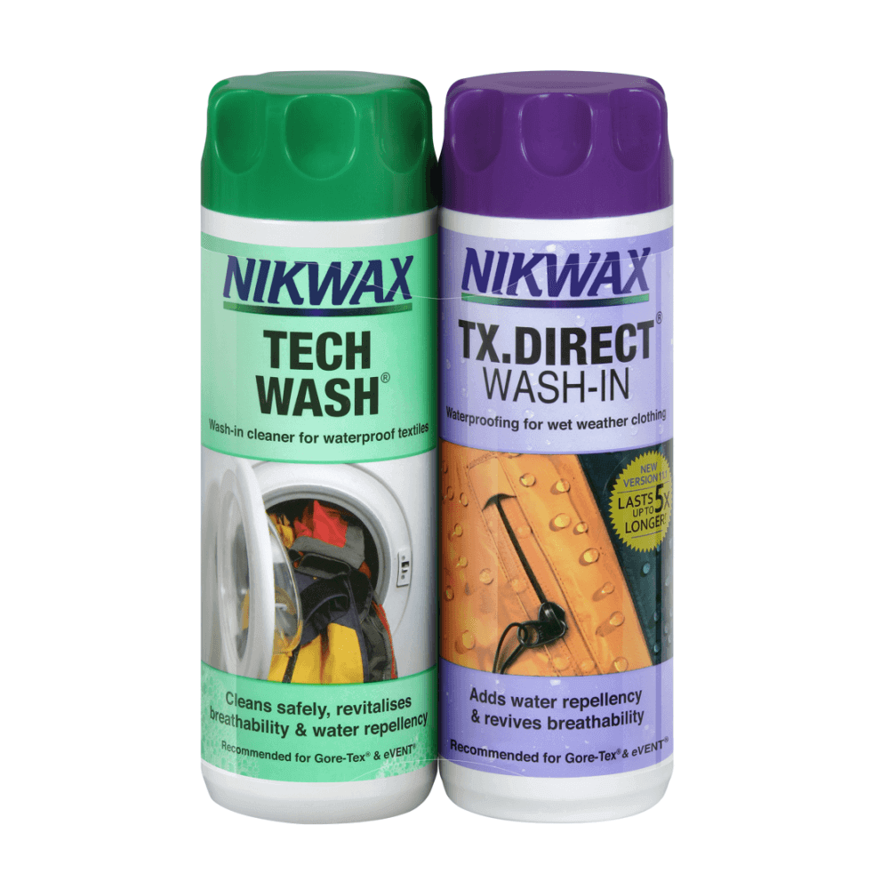 Nikwax Tech Wash and TX.Direct Wash-In bottles for cleaning and waterproofing outdoor clothing.