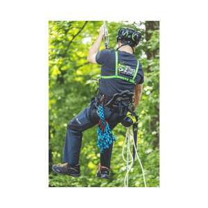 Arborist using a rope and harness for tree climbing, demonstrating efficient rigging and safety gear in action.