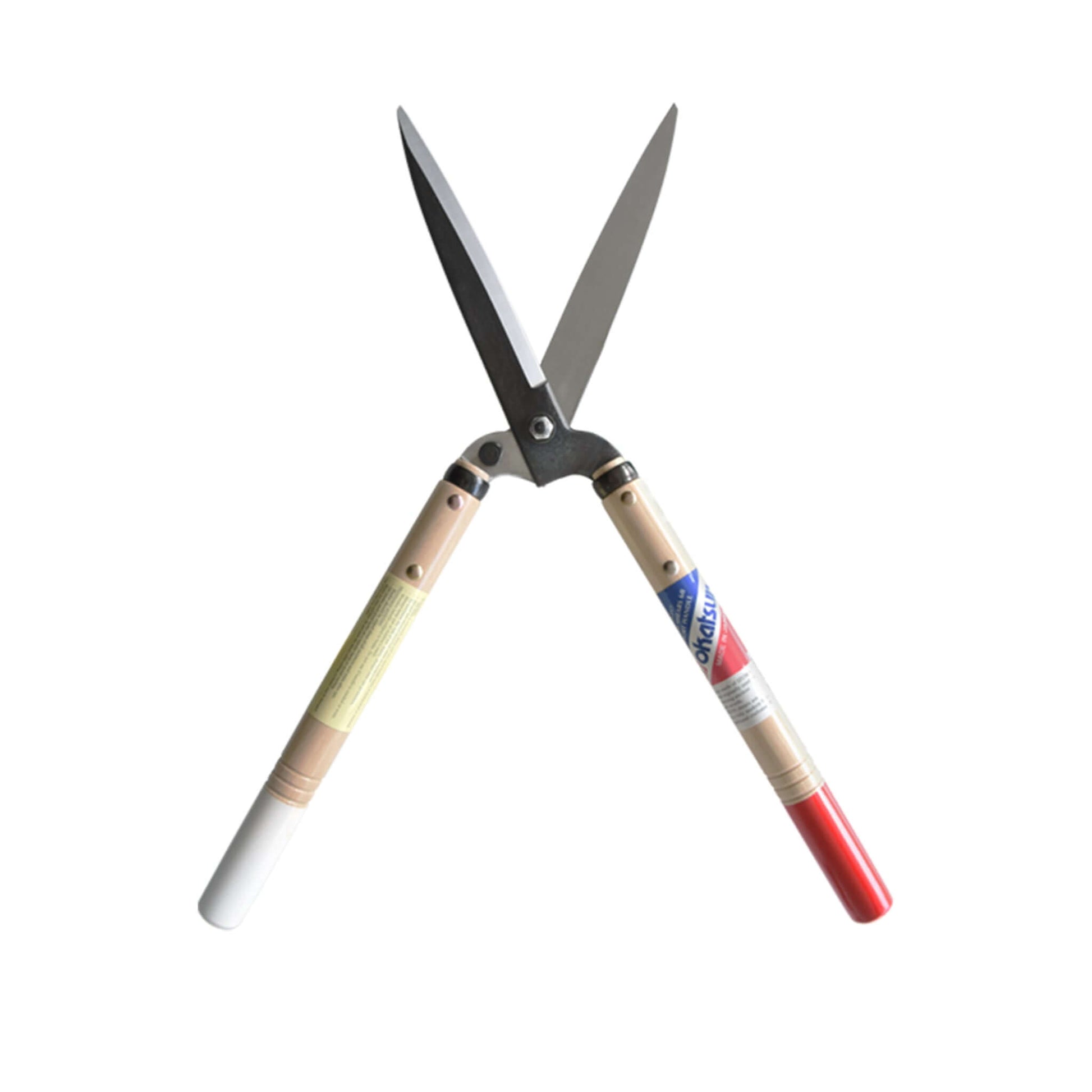 Short handled Okatsune 217 hedge shears with medium-long blades, ideal for topiary and tight spaces.