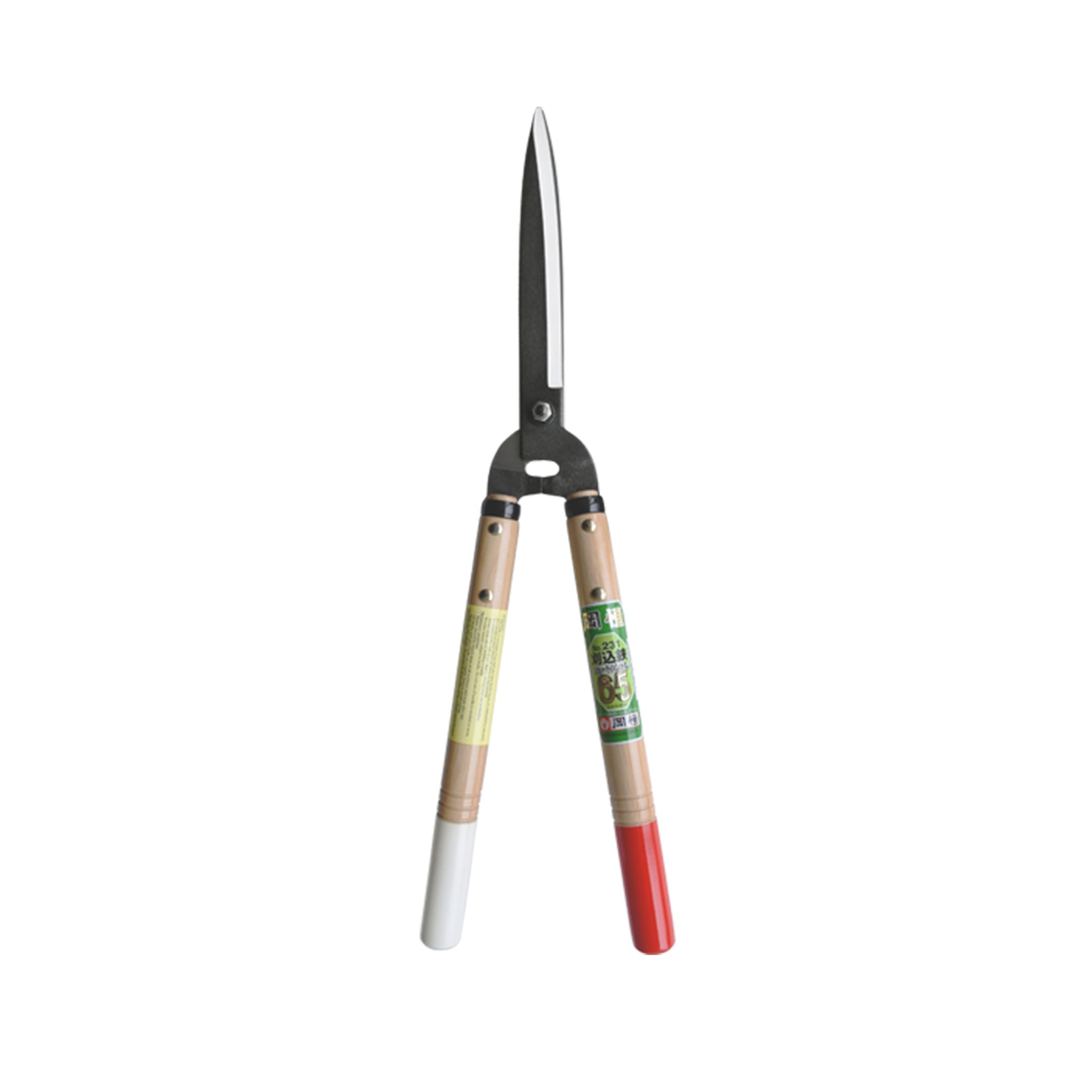 Okatsune 231 hedge shears with short wooden handles and long razor-sharp blade, ideal for topiary and tight spaces.