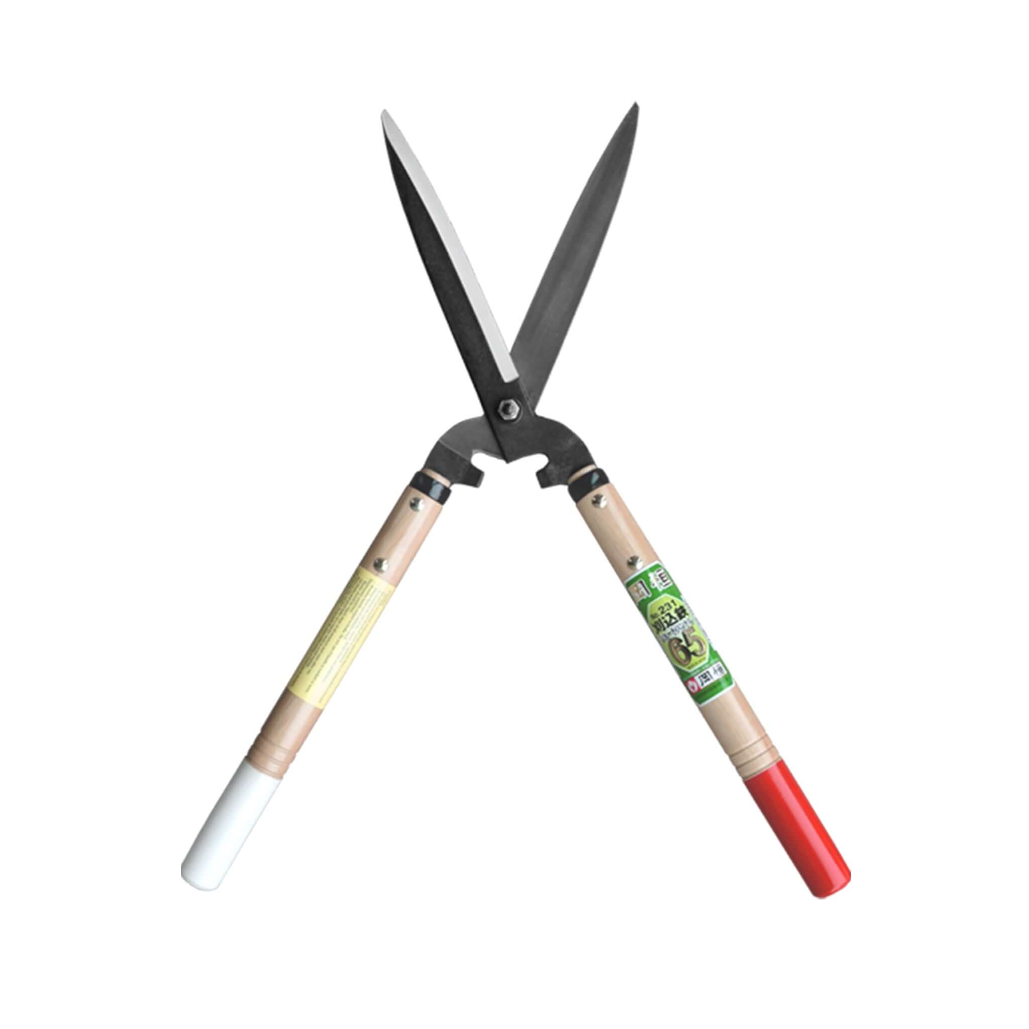 Okatsune 231 hedge shears with short wooden handles, ideal for topiary and pruning in tight spaces.