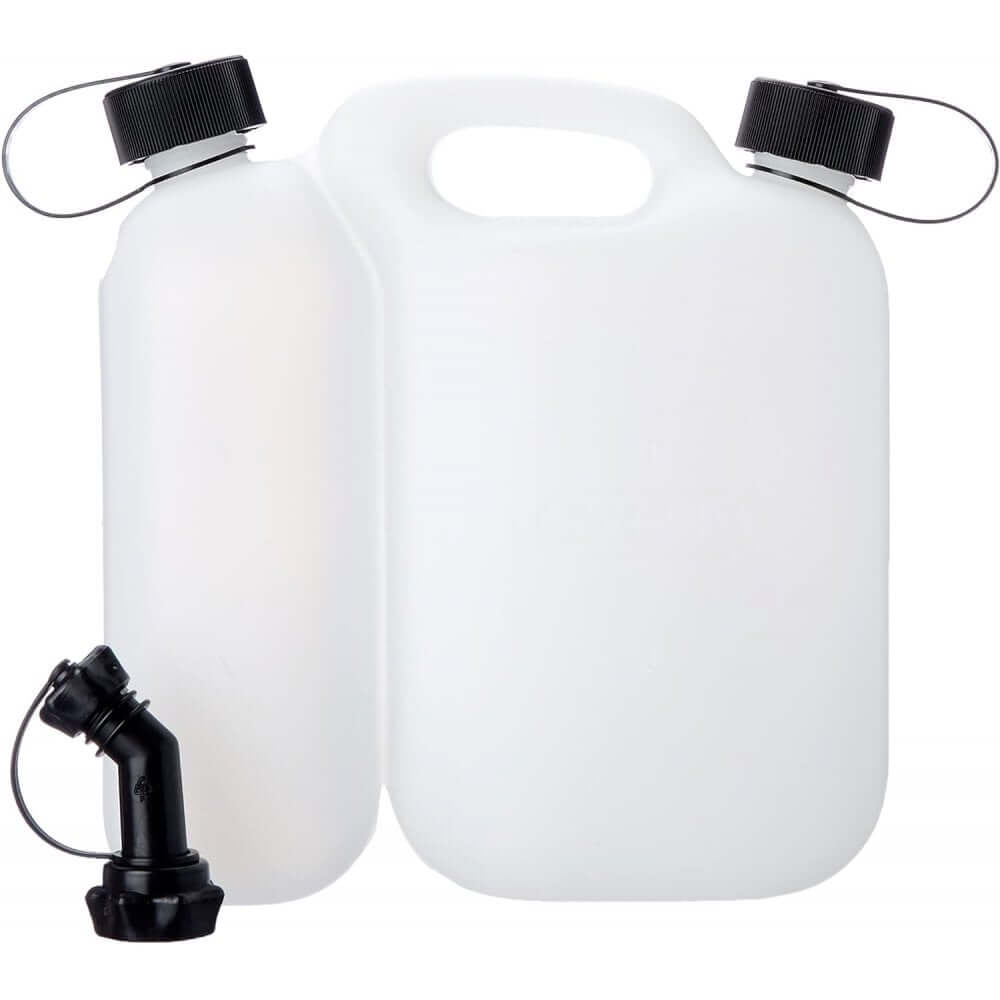 Oregon Combi Fuel Oil Can: 5L fuel and 3L oil storage, transparent design for tree surgeon equipment.
