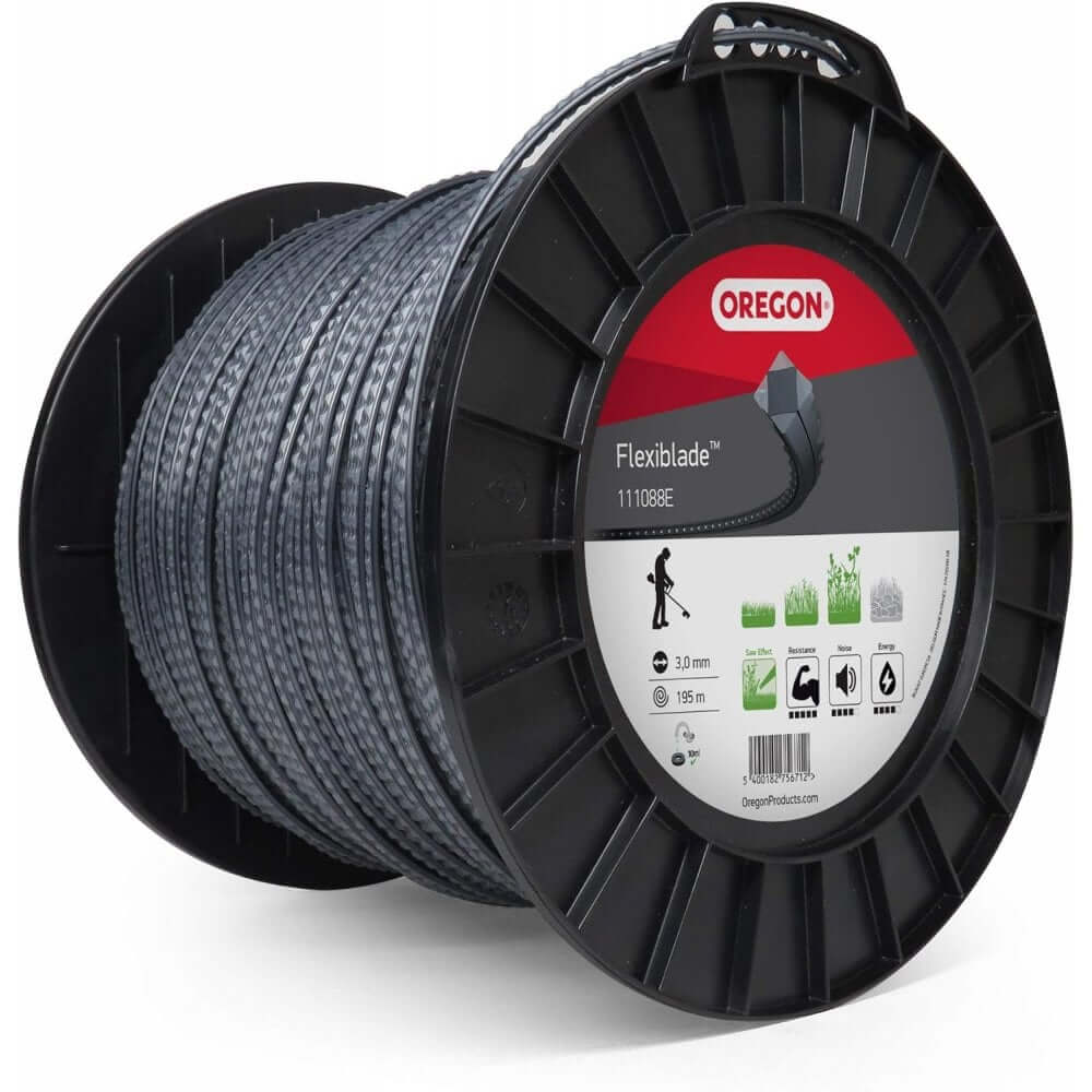 Oregon Flexiblade Serrated Heavy Duty Trimmer Line on spool, perfect for tree surgeons tackling thick grass and weeds.