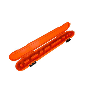 Open orange Chain Locker® case for storing and organizing chainsaw chains, ideal for tree surgeons.
