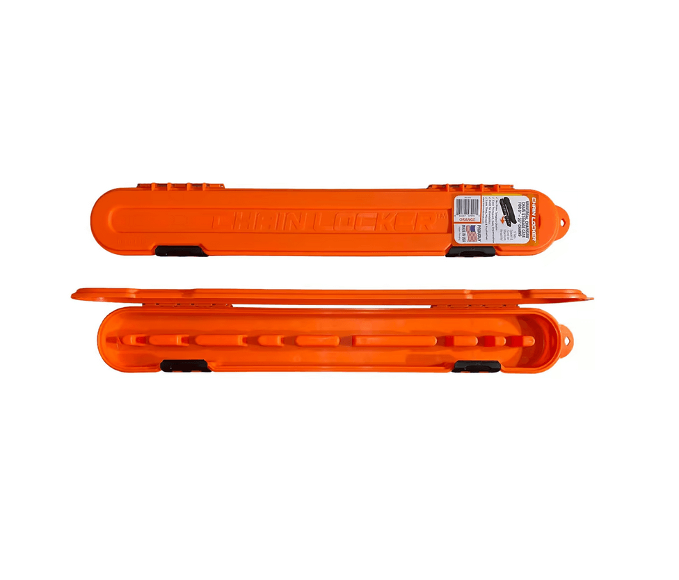 Original Chain Locker® chainsaw chain storage case in vibrant orange, ideal for tree surgeons to keep chains organized.
