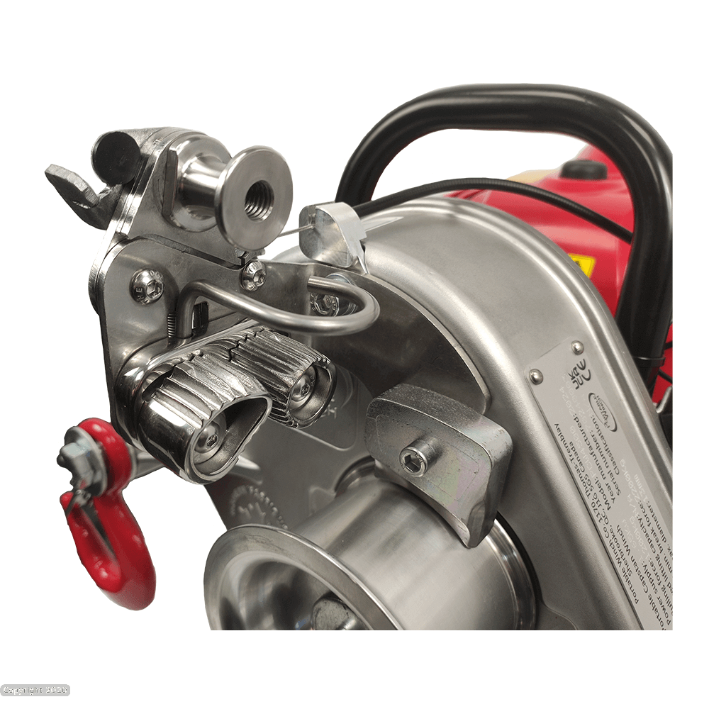 Close-up of the PCW4500 Petrol Pulling Winch connector and hook, ideal for tree surgeon tasks.