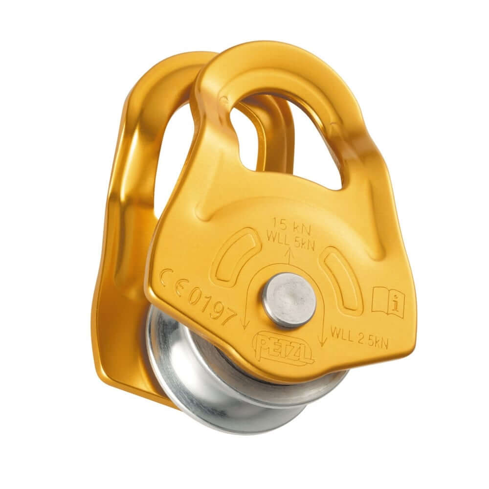 Petzl Mobile ultra-compact pulley in yellow, ideal for tree surgeons and outdoor enthusiasts.
