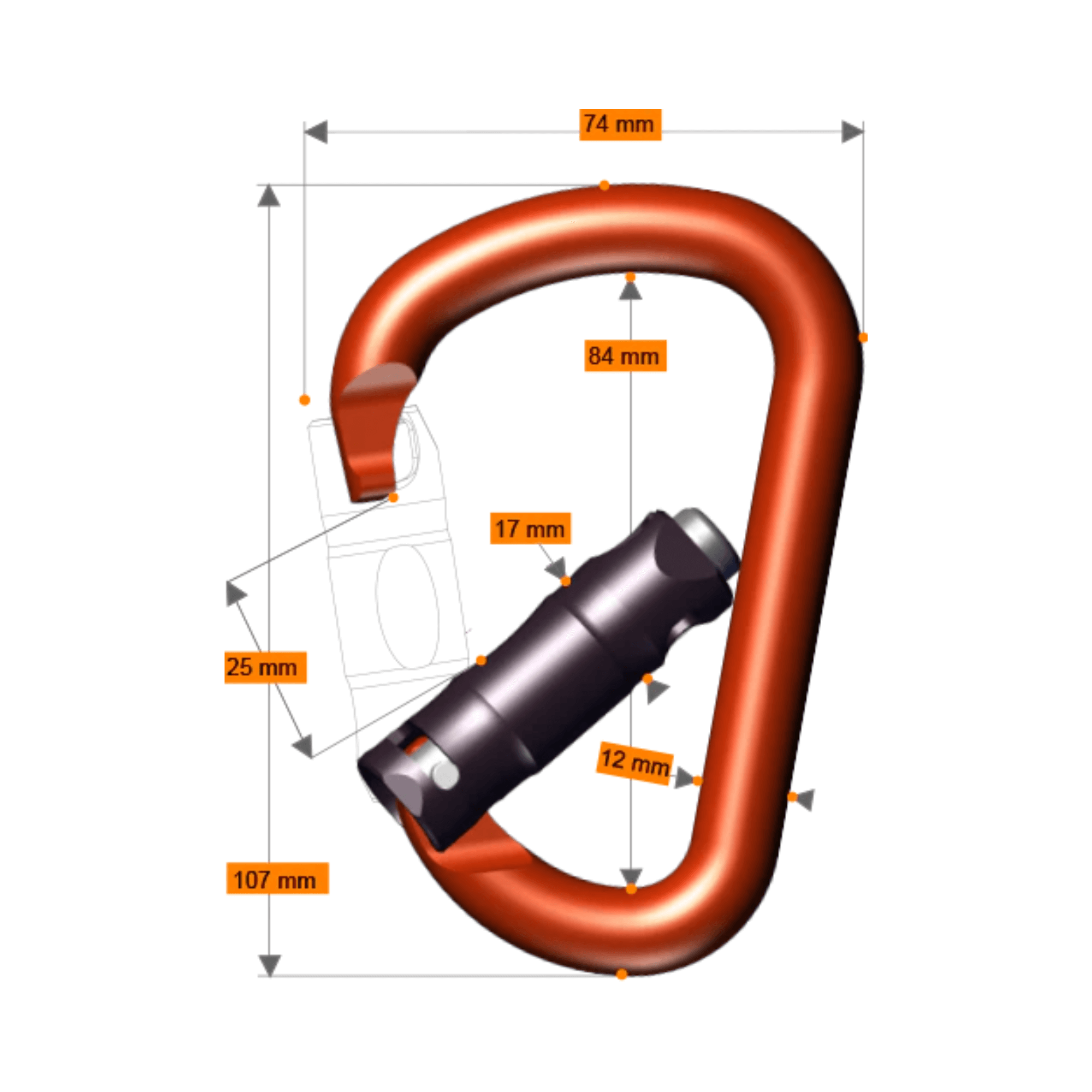 Diagram of Rock Exotica Pirate Wire Eye Autolock Carabiner with dimensions for tree surgeons and rigging.