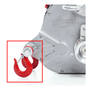 Close-up of a portable winch with a red hook on a white background