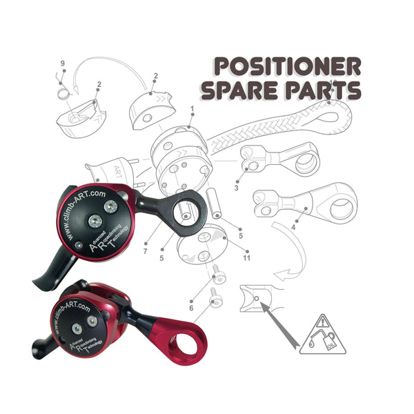 Selection of ART positioner spare parts, including components for tree surgeons, with corresponding numbered descriptions.
