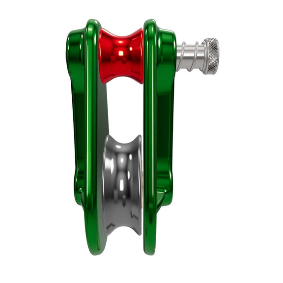ISC Compact Rigging Pulley for tree surgeons, featuring lightweight design and durable construction in green and silver.