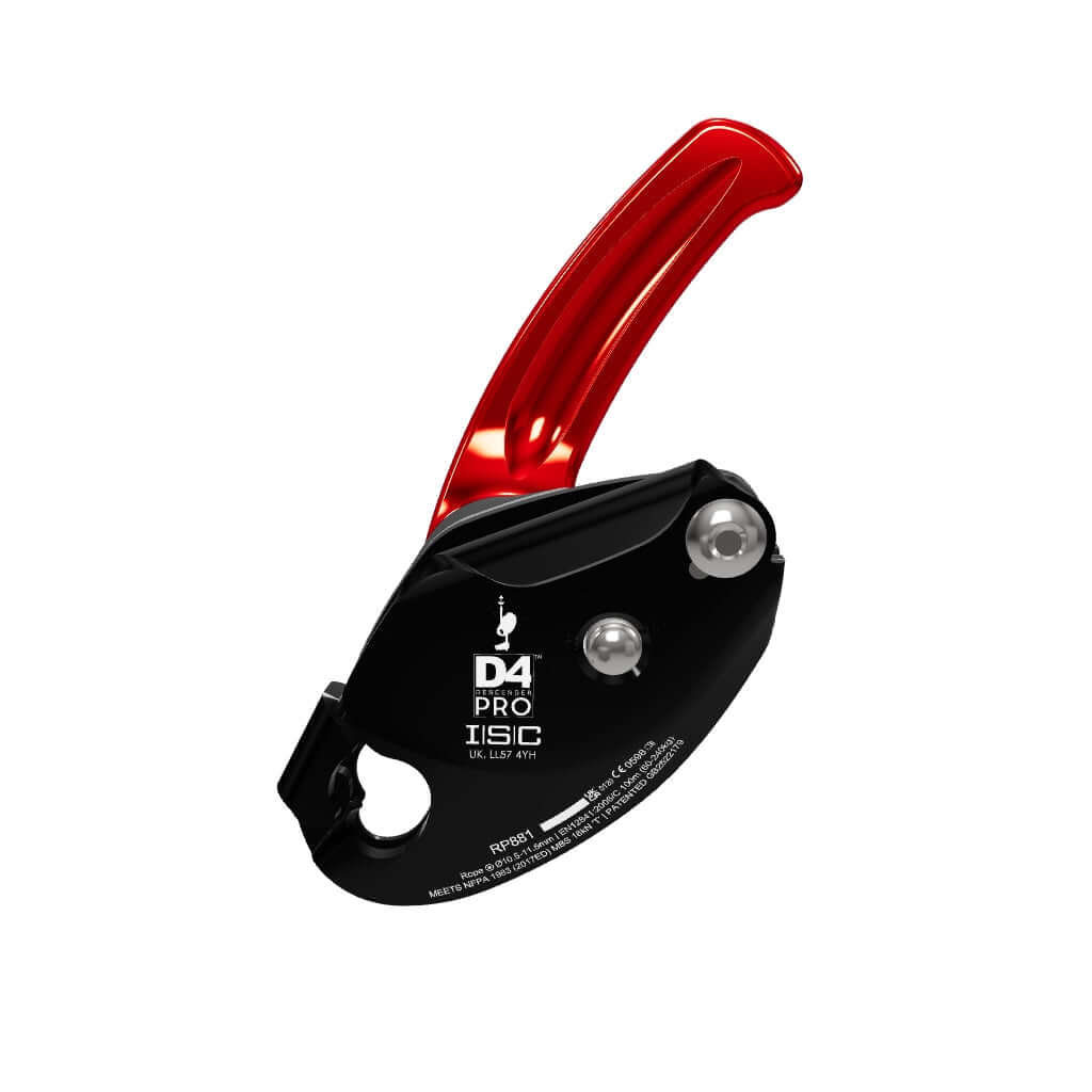 ISC D4 Pro Work Rescue Descender featuring a sleek design, ideal for tree surgeons and professional rescue operations.