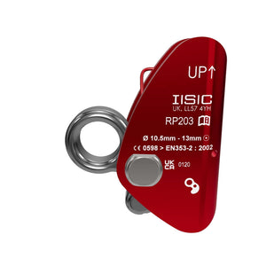ISC Mini Rope Grab in red, EN353-2 certified for tree surgeons, grips ropes 10.5mm to 13mm, compact and reliable.