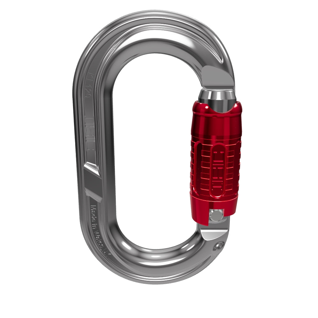 Compact Oval Karabiner with red locking mechanism and silver body, ideal for arborists and rope-access technicians