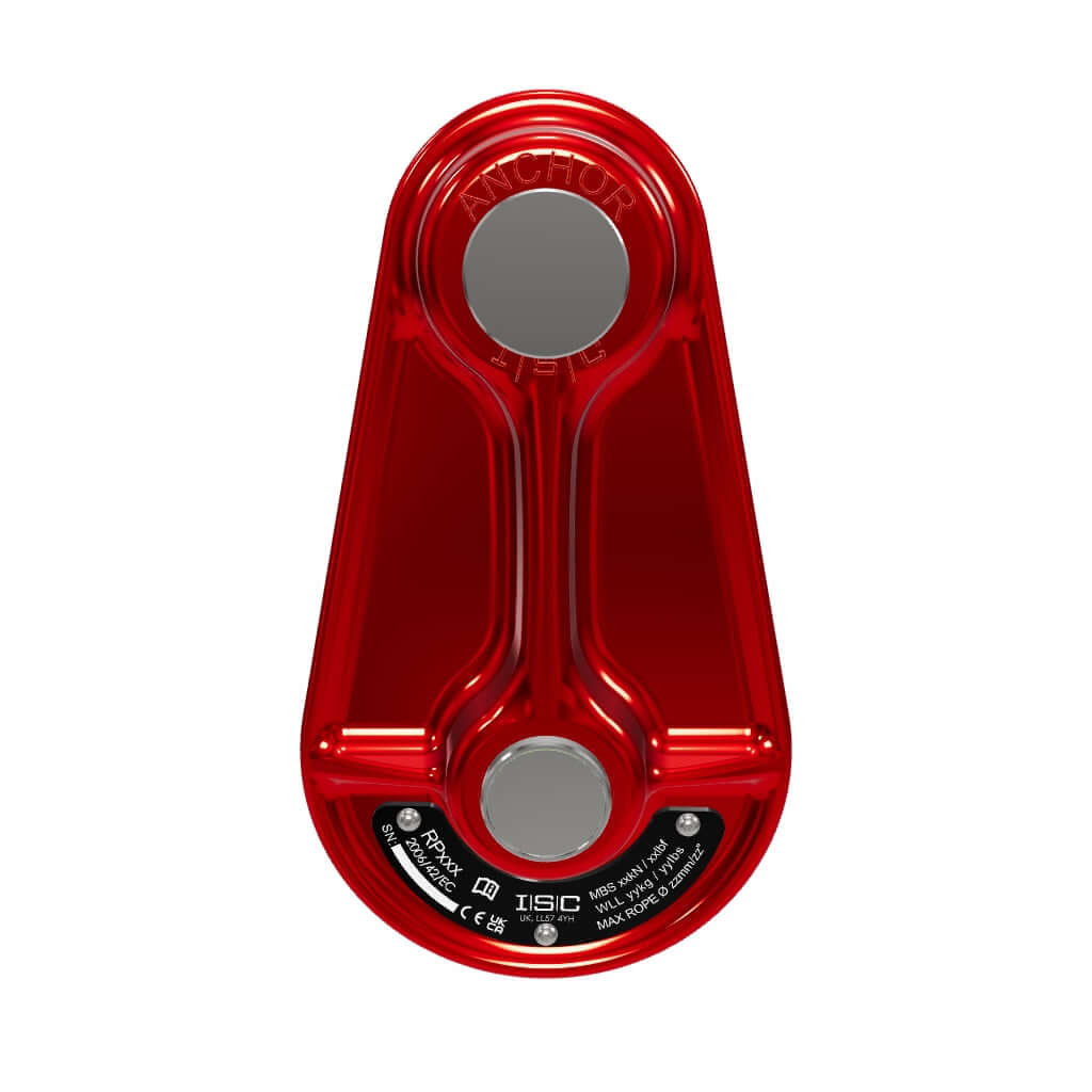 ISC Small Hot Forged 16mm Pulley in red, ideal for tree surgeons with a 2000kg working load limit.