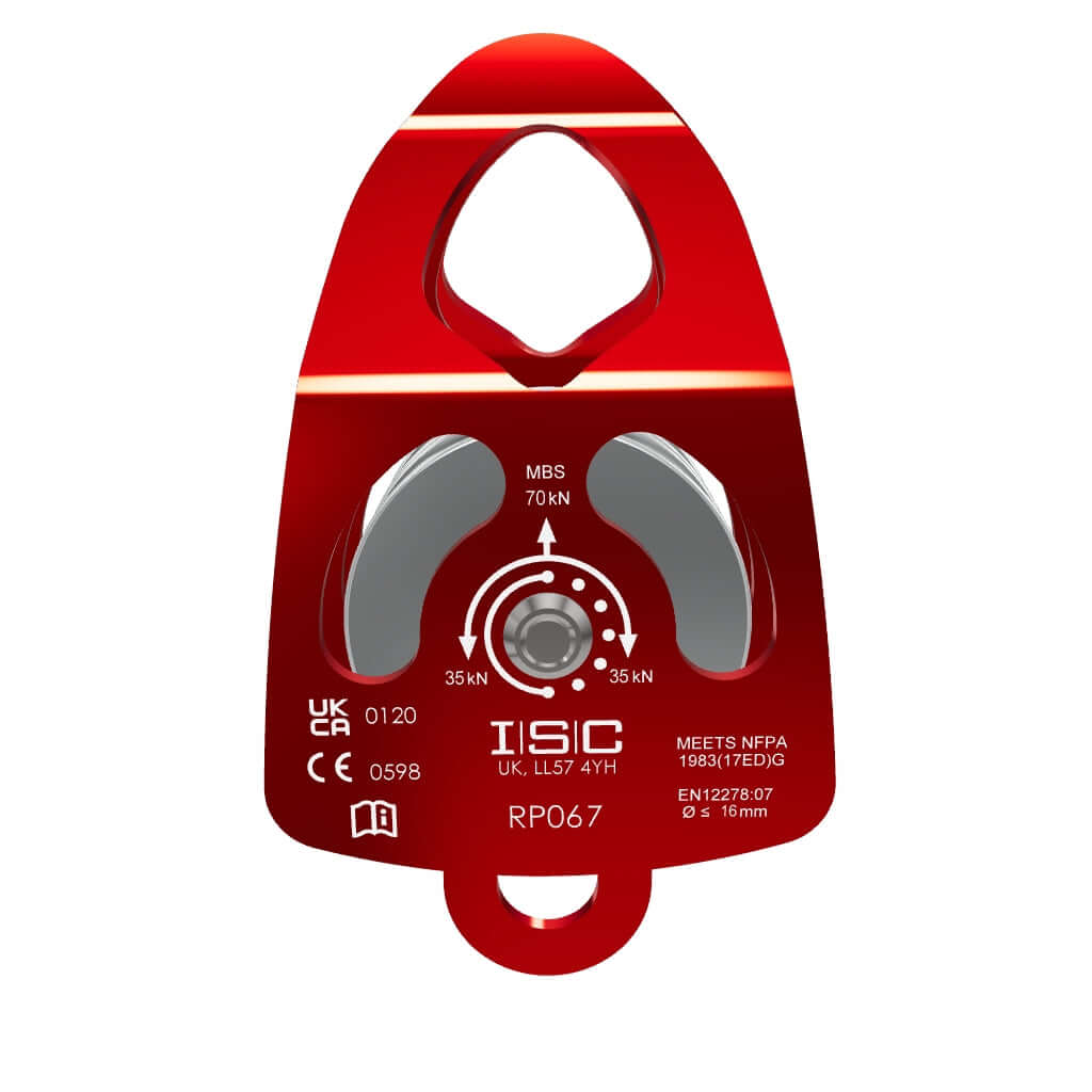 Large ISC double aluminum pulley for tree surgery, designed for heavy rigging and rescue with CE certification.