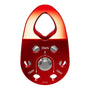 Red ISC small single pulley with swing cheek design, showing load ratings for climbing and rappelling applications.