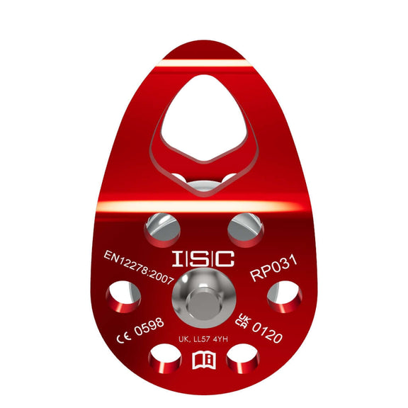 ISC Small Double Swing Cheek Pulley in red aluminum, ideal for tree surgeons and climbing applications.