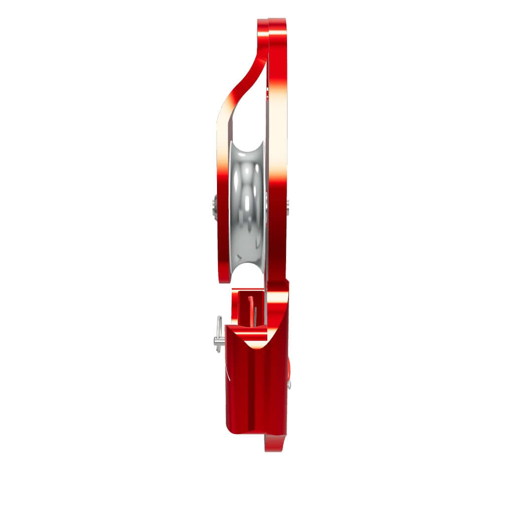 ISC Progress Capture Pulley Single in red side view, ideal for tree surgeons and versatile lifting applications.