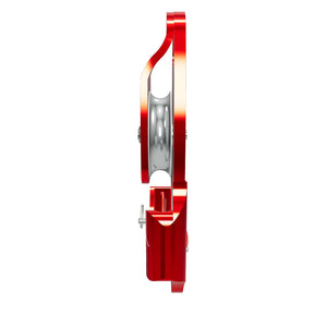 ISC Progress Capture Pulley Single in red side view, ideal for tree surgeons and versatile lifting applications.