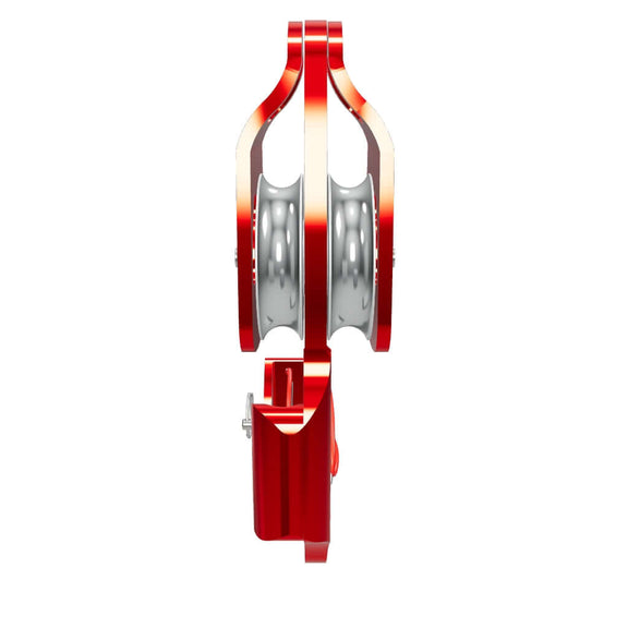 ISC Progress Capture Pulley Double in red, durable design for tree surgeons, ideal for climbing and heavy load handling.