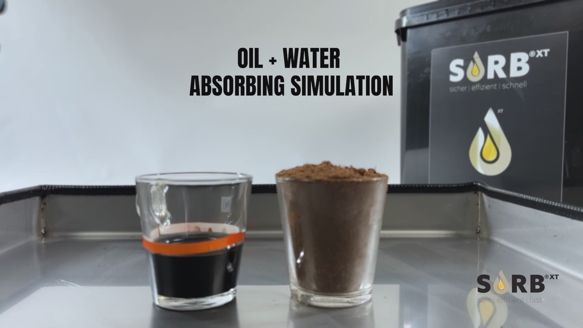 Oil and water absorbing simulation demonstrating XT 5L Sachet Organic Binder performance