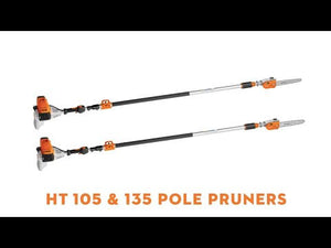 STIHL HT 105 and HT 135 petrol pole pruners designed for professional tree maintenance and arborist tasks.