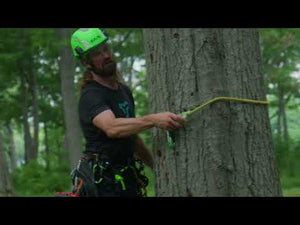 Arborist using Notch Equipment Steel Climbers while securing rope around a tree.