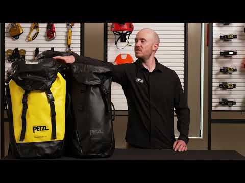 Petzl Transport 45 Litre rope bag showcased by a presenter, emphasizing its durability for tree surgeons and professionals.