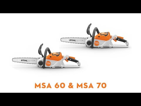 STIHL MSA 60 and MSA 70 cordless chainsaws with guide bars, ideal for tree surgeons and home gardening.