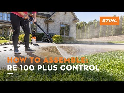 User assembling the STIHL RE 100 PLUS CONTROL Electric Pressure Washer on a patio.