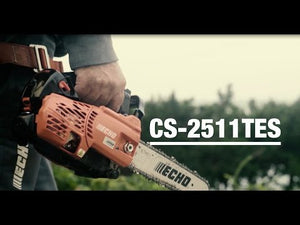 CS-2511TESC Petrol Top Handle Chainsaw 10" held by a tree surgeon for precision cutting in the field.