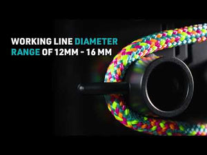 Close-up of the Six Pack Lowering Device showing the working line diameter range of 12mm - 16mm.